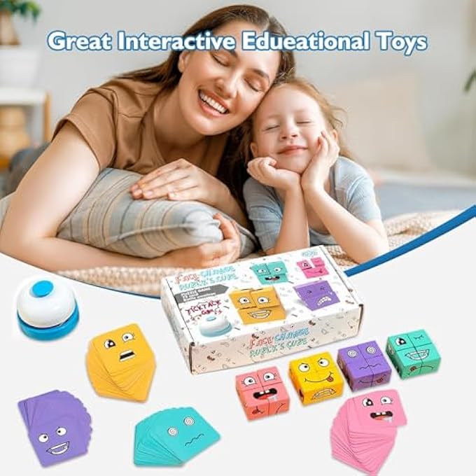 FACE CHANGING MAGIC CUBE GAME,WOODEN 3D PUZZLE FACE CHANGING CUBE GAME WITH BELL, EMOJI GAME EDUCATIONAL PUZZLES TOY BOARD GAMES FOR KIDS CHRISTMAS BIRTHDAY (A) - Image 4